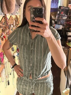 Striped Green Short-Sleeve Button Front Top and Bottom Set- Women's Auden
